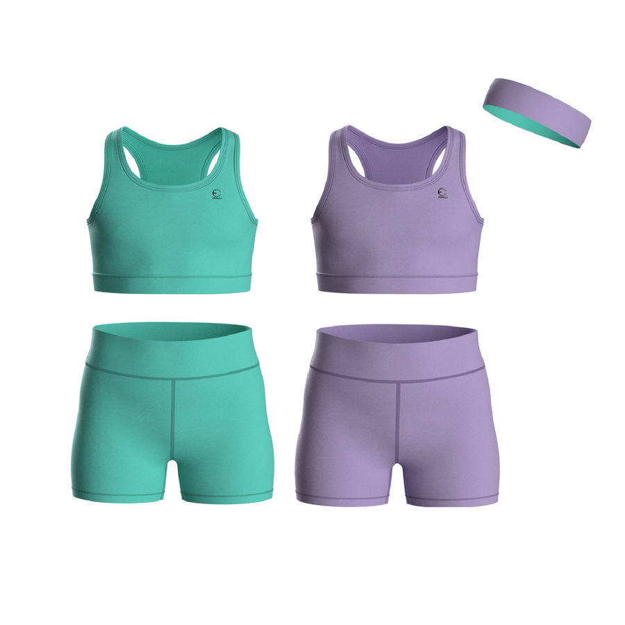 Essenclo girls biker shorts and racerback tank 5-piece set with headband, mint green / lavender