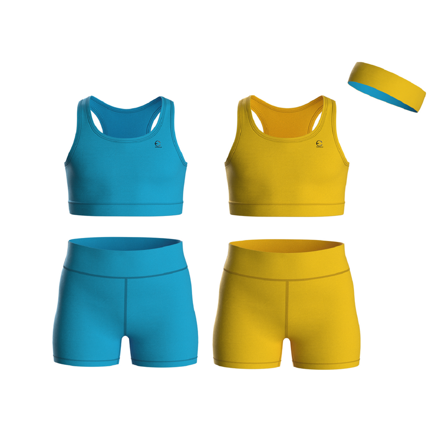Essenclo girls biker shorts and racerback tank 5-piece set with headband, turquoise / mustard