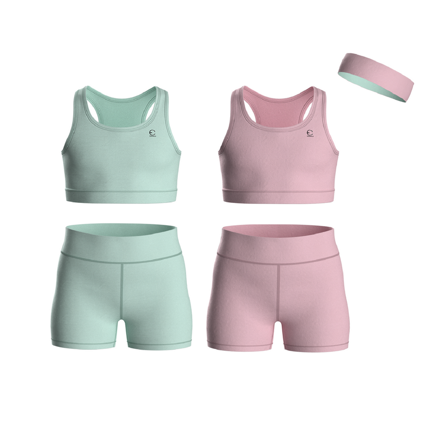 Essenclo girls biker shorts and racerback tank 5-piece set with headband, mint green / soft pink