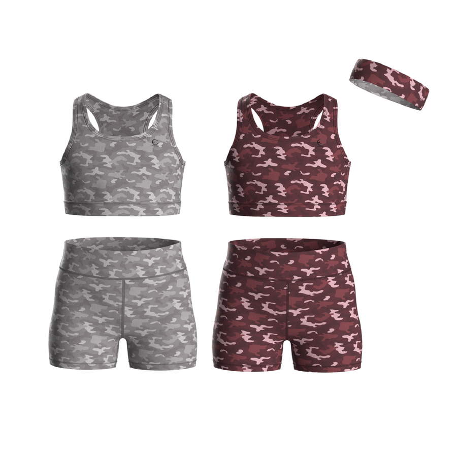 Essenclo girls biker shorts and racerback tank 5-piece set with headband, gray / wine