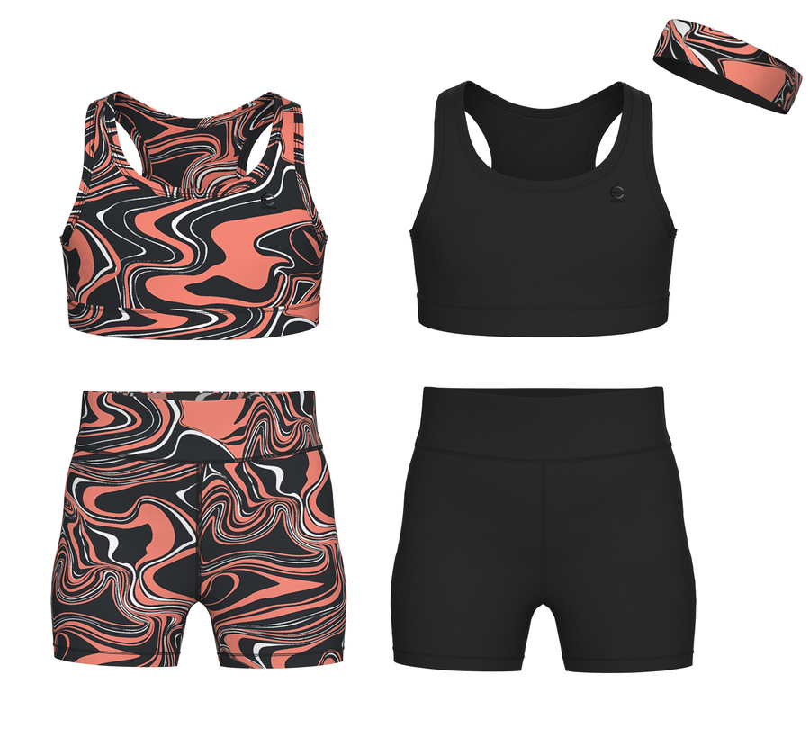 Essenclo girls biker shorts and racerback tank 5-piece set with headband, black / coral