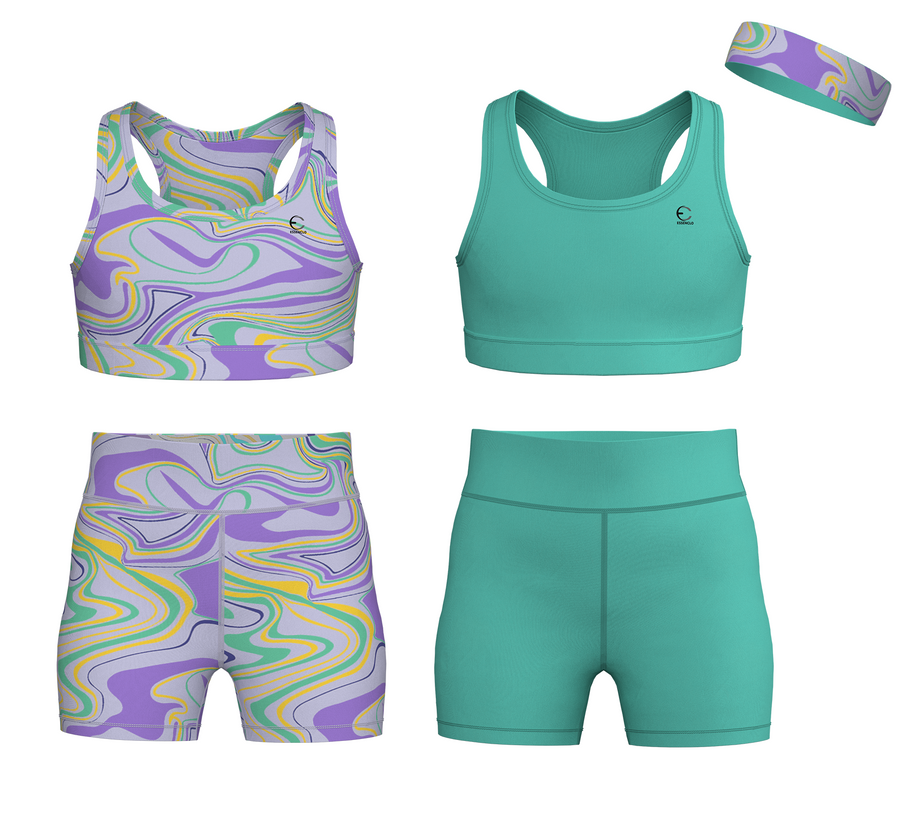 Essenclo girls biker shorts and racerback tank 5-piece set with headband, mint green / lavender (photo 8)
