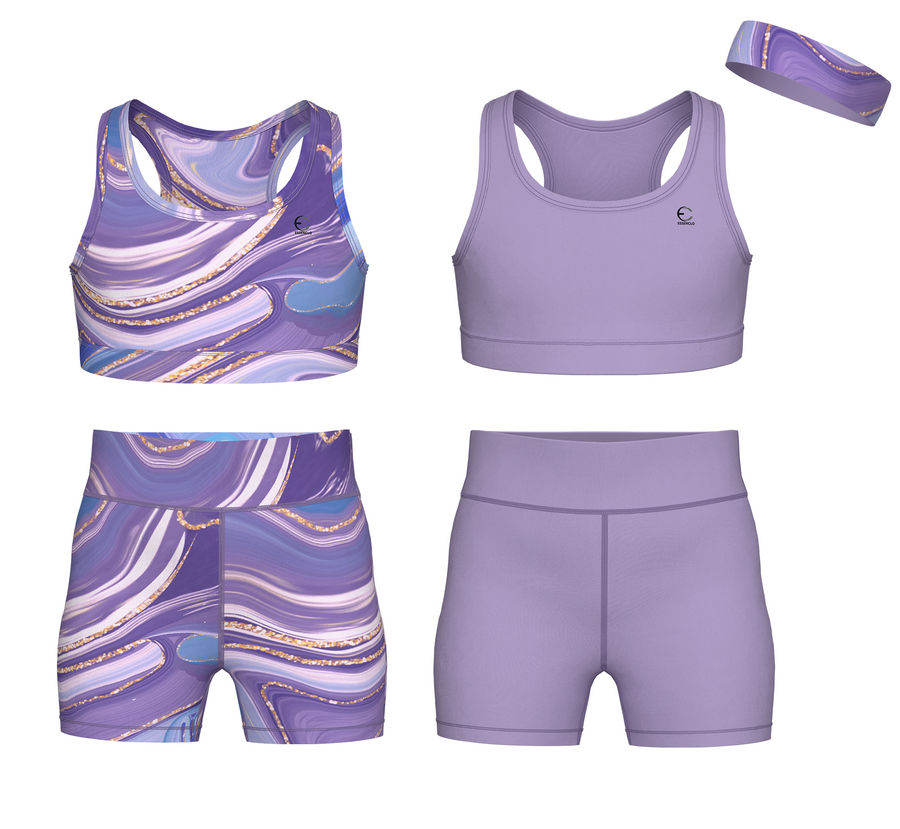 Essenclo girls biker shorts and racerback tank 5-piece set with headband, lavender