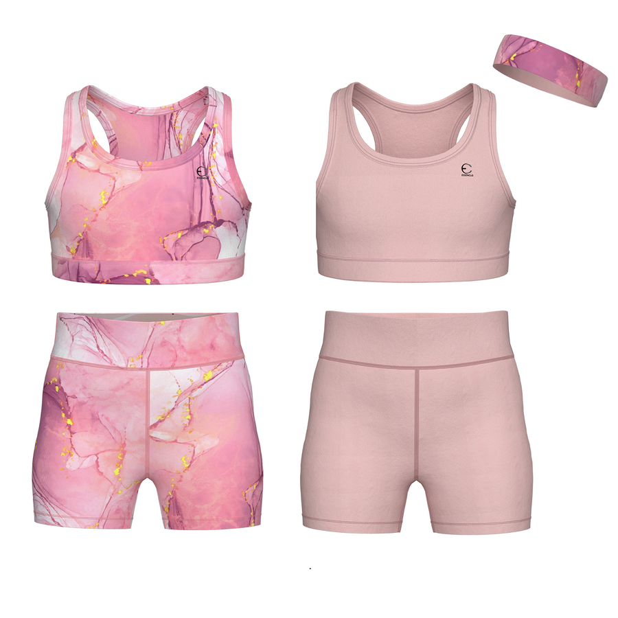 Essenclo girls biker shorts and racerback tank 5-piece set with headband, soft pink