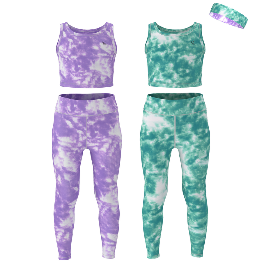 Essenclo girls leggings and tank top 5-piece set with headband, lavender / teal green