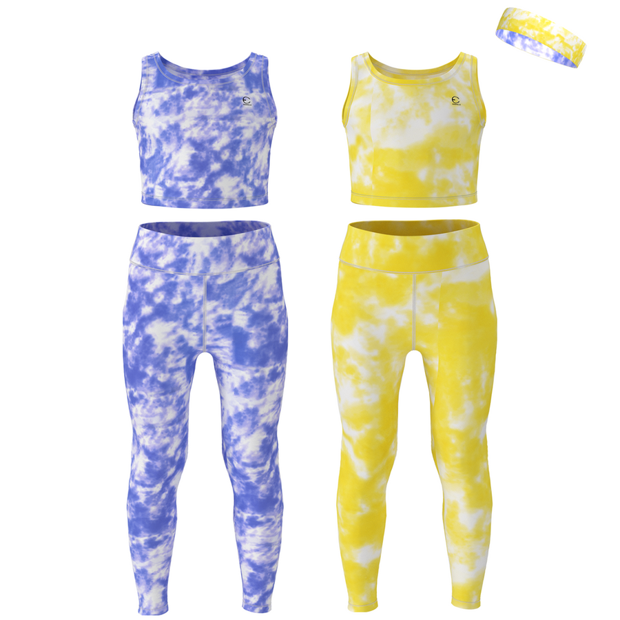 Essenclo girls leggings and tank top 5-piece set with headband, royal blue / yellow