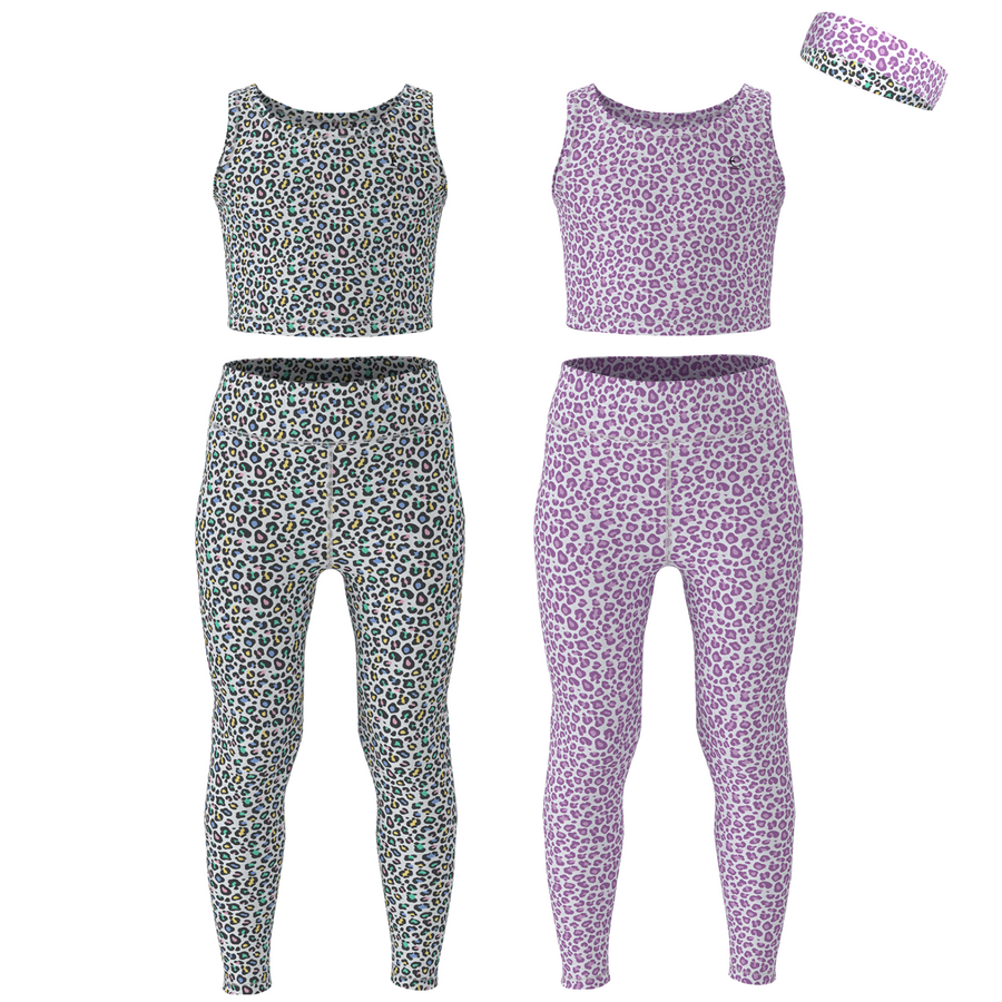 Essenclo girls leggings and tank top 5-piece set with headband, gray / lavender