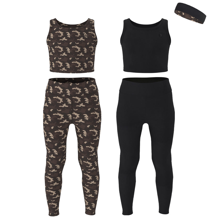 Essenclo girls leggings and tank top 5-piece set with headband, black