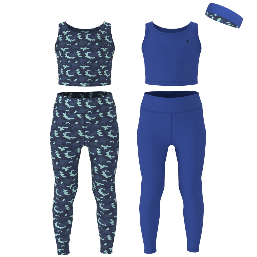Essenclo girls leggings and tank top 5-piece set with headband, navy / royal blue