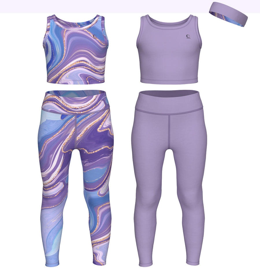 Essenclo girls leggings and tank top 5-piece set with headband, lavender