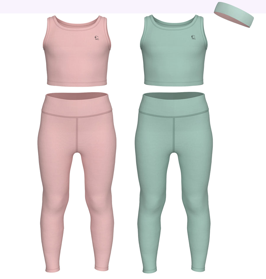 Essenclo girls leggings and tank top 5-piece set with headband, soft pink / mint green