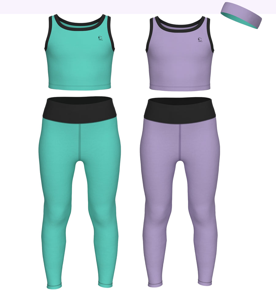 Essenclo girls leggings and tank top 5-piece set with headband, mint green / lavender