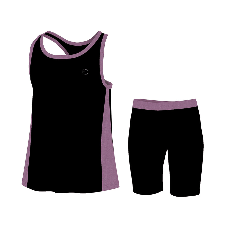 Essenclo girls racerback tank top and bike shorts 2-piece set, black lavender