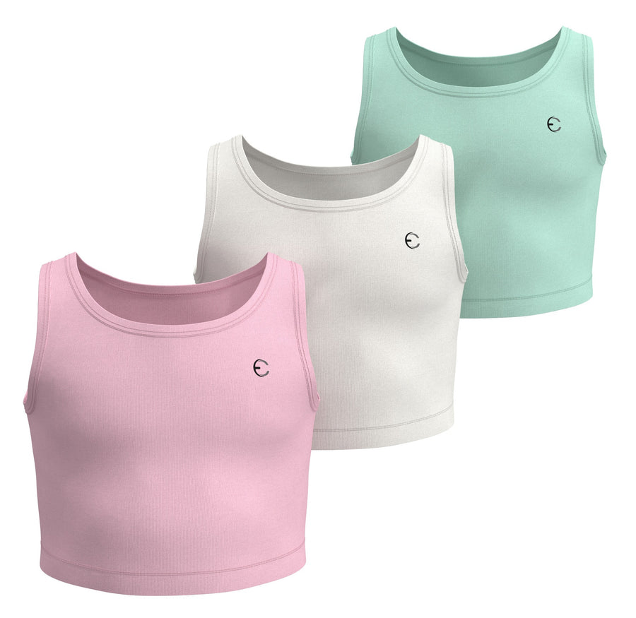 Essenclo girls athletic tank tops 3-pack, soft pink / white / mint green