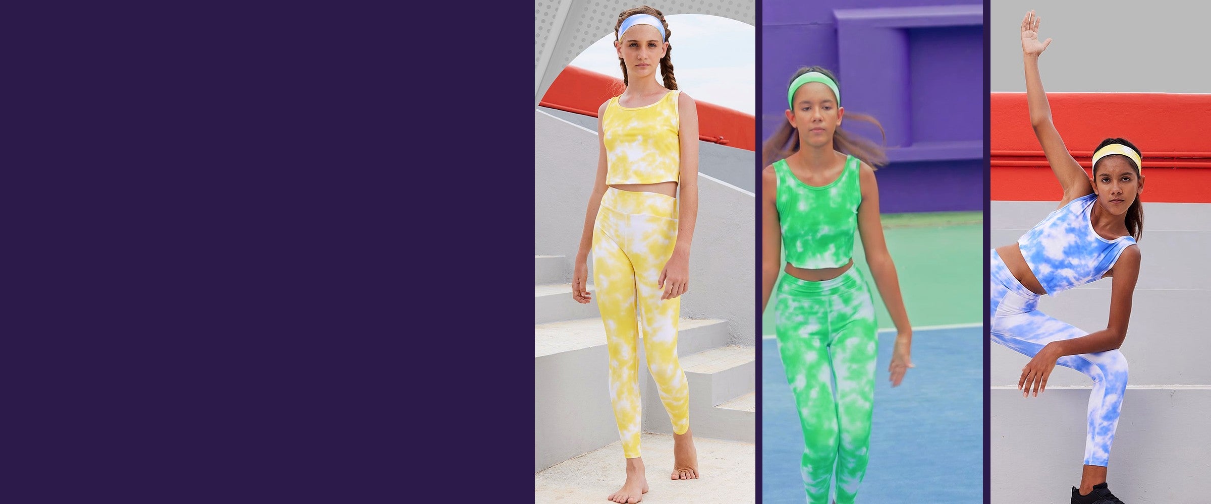 Three girls in the Essenclo 5-piece crop tank and leggings set, in yellow, green and blue