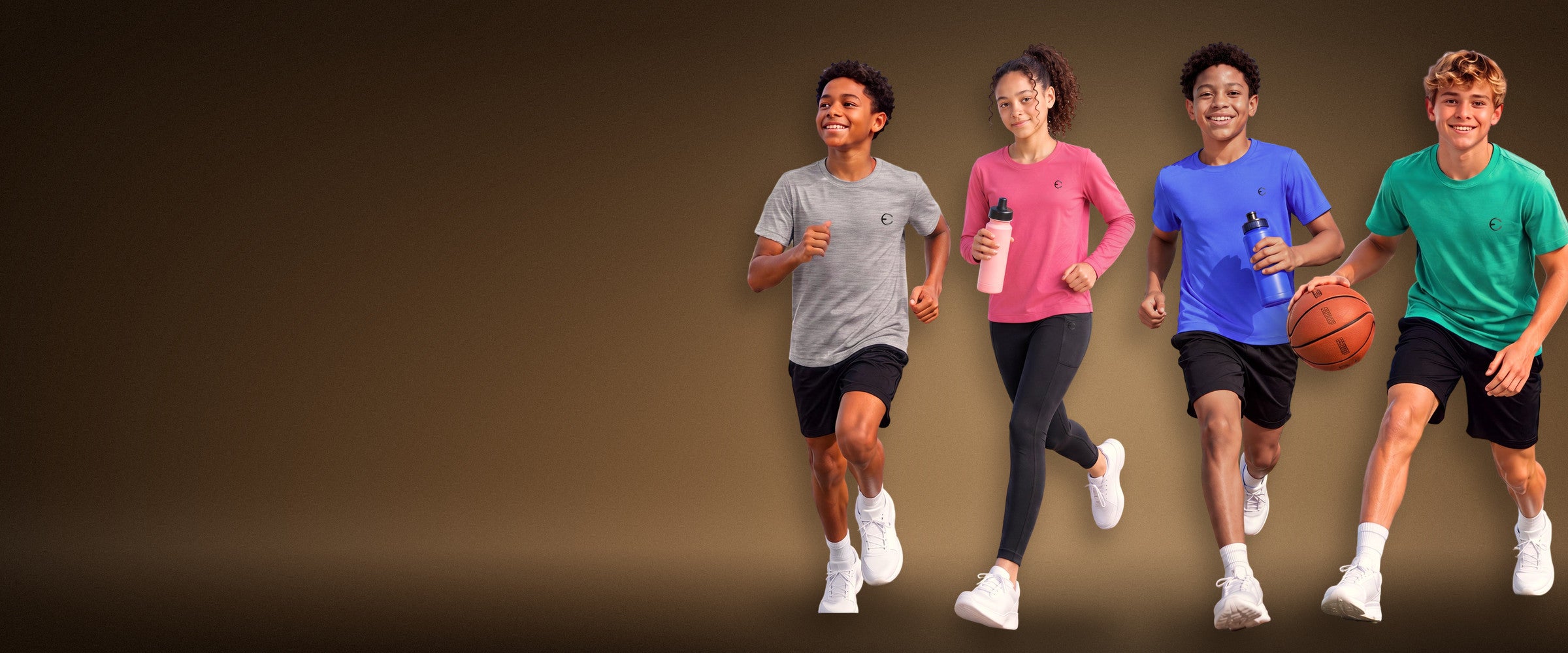 Boys and girls in the new Essenclo dry-fit tees and long-sleeve shirts