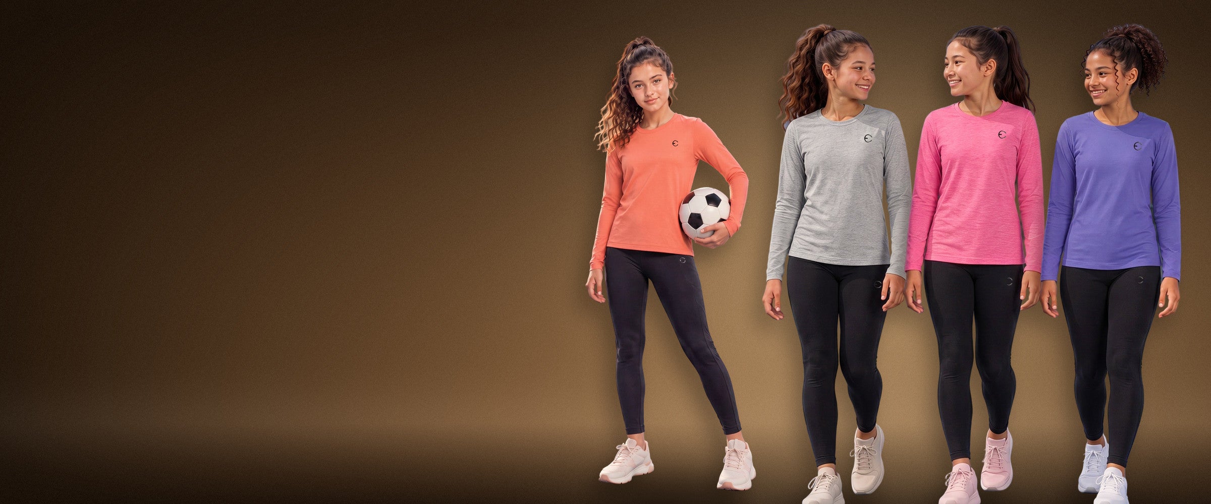 Four girls in the new Essenclo long-sleeve dry-fit shirts