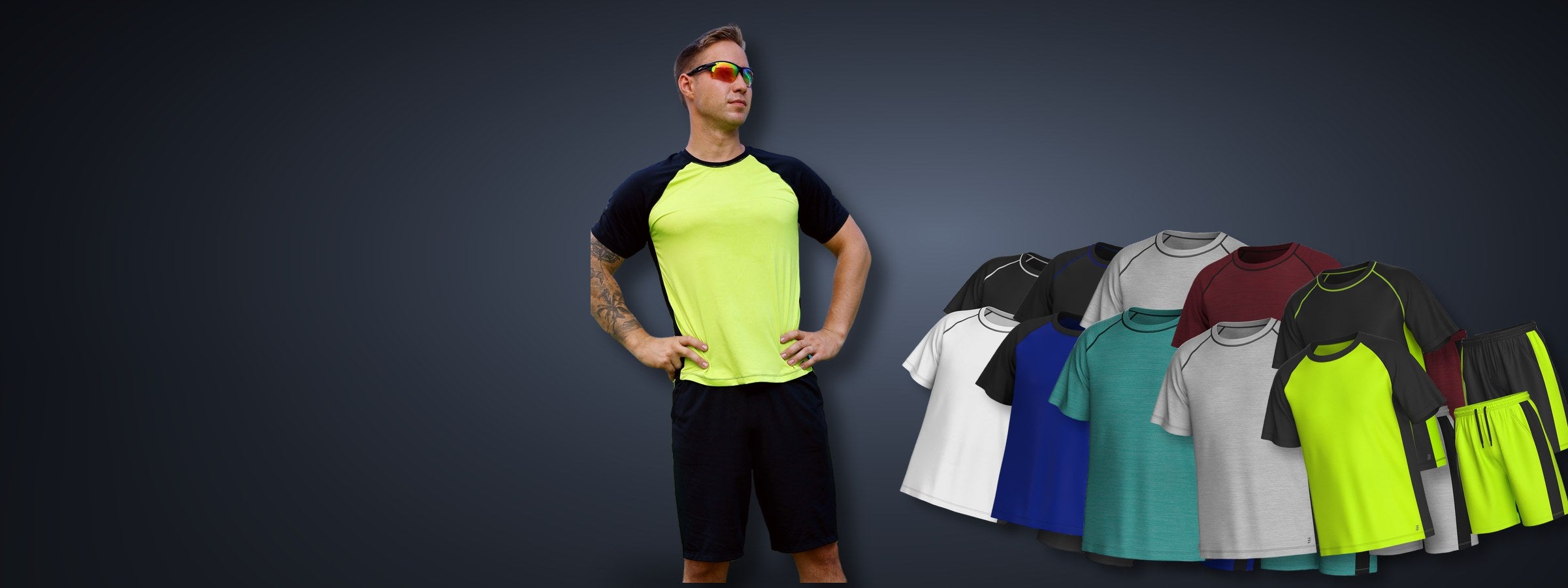 Man in an Essenclo gym set, with the set in five more colors